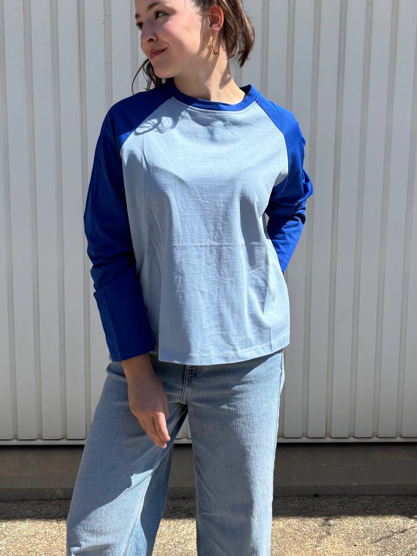 T-shirt manches raglan en coton - Bleu ciel et bleu roi