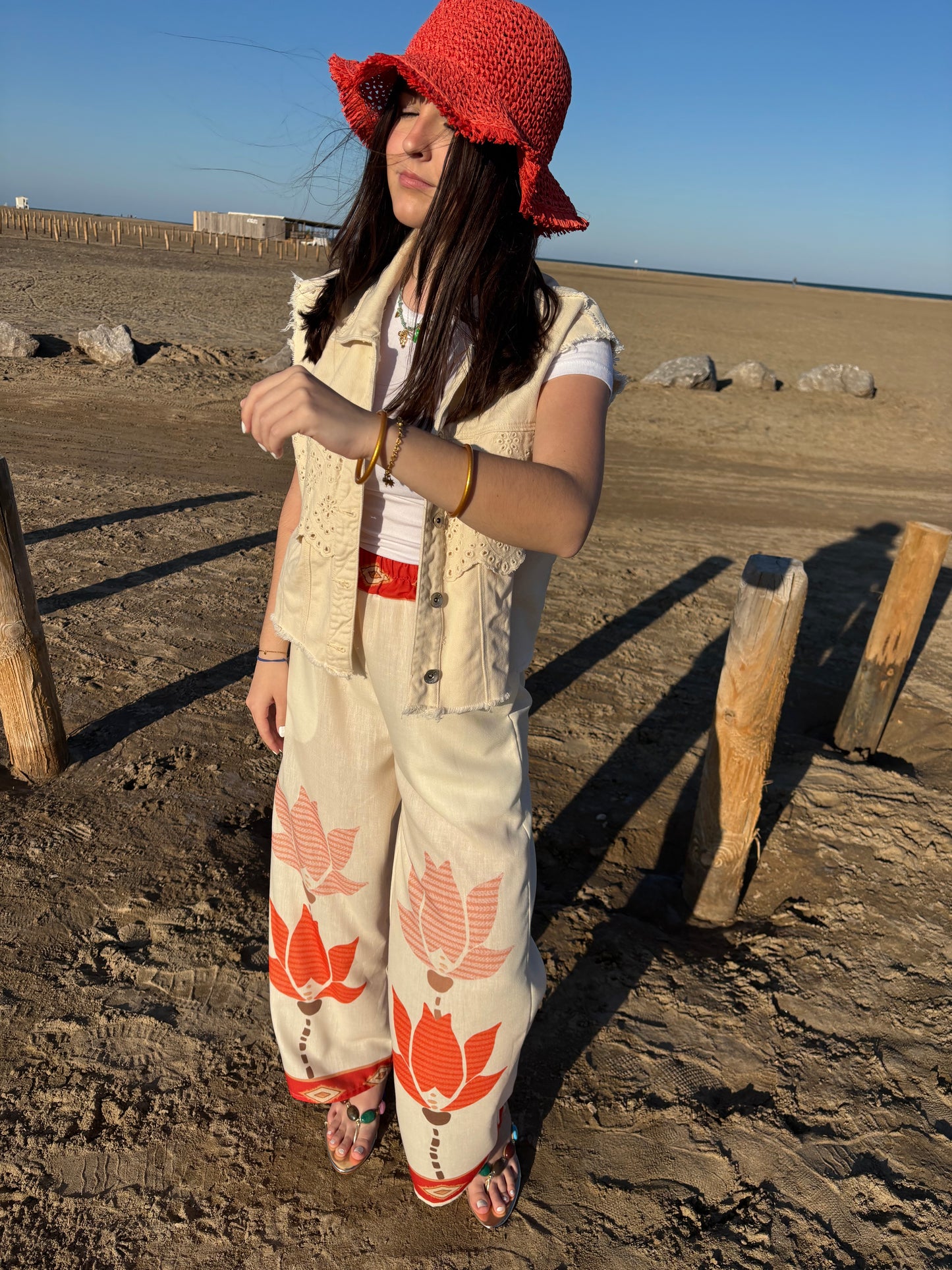 Pantalon à motifs avec lin - orange