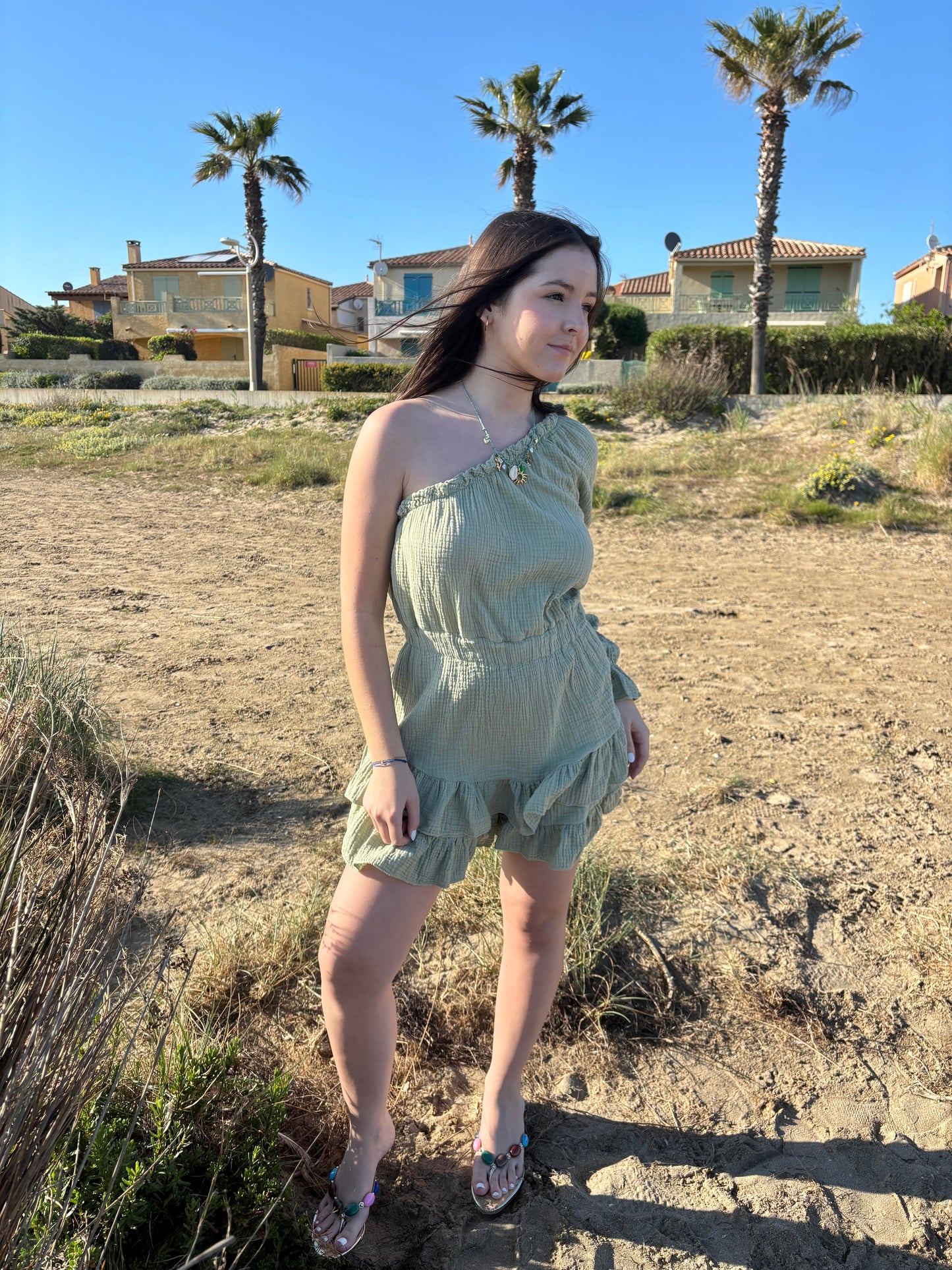 Combishort asymétrique en gaz de coton - kaki