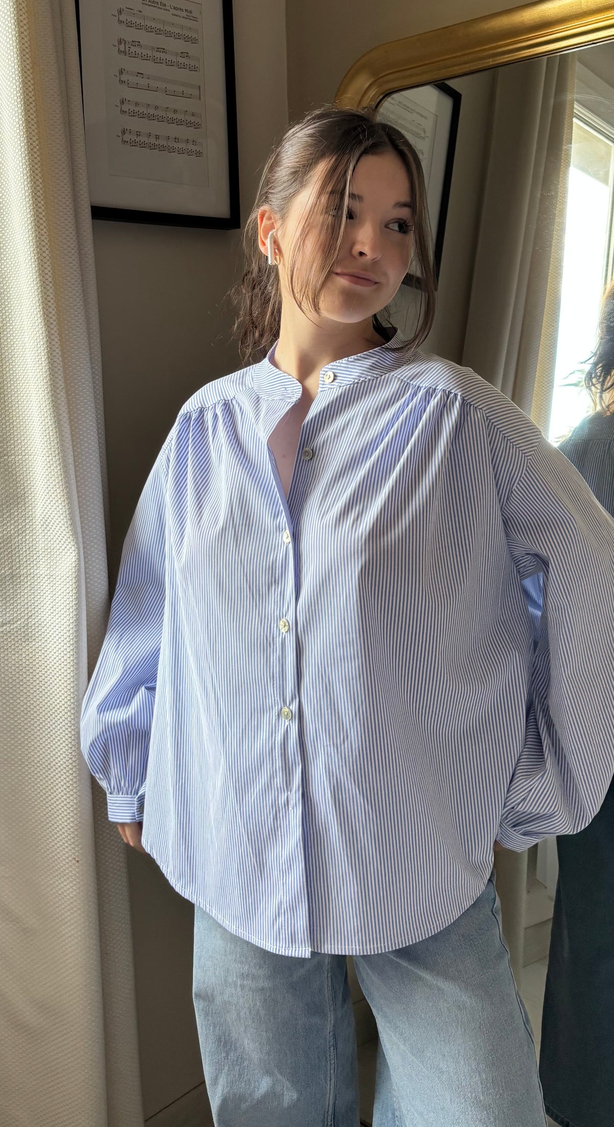 Blouse col rond à rayures - bleue