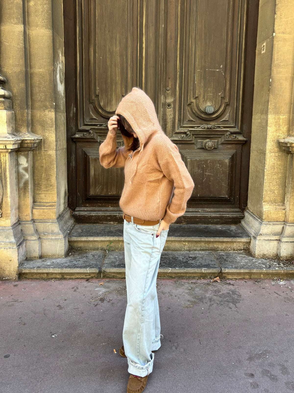 Gilet en mohair et laine mélangé à capuche - camel