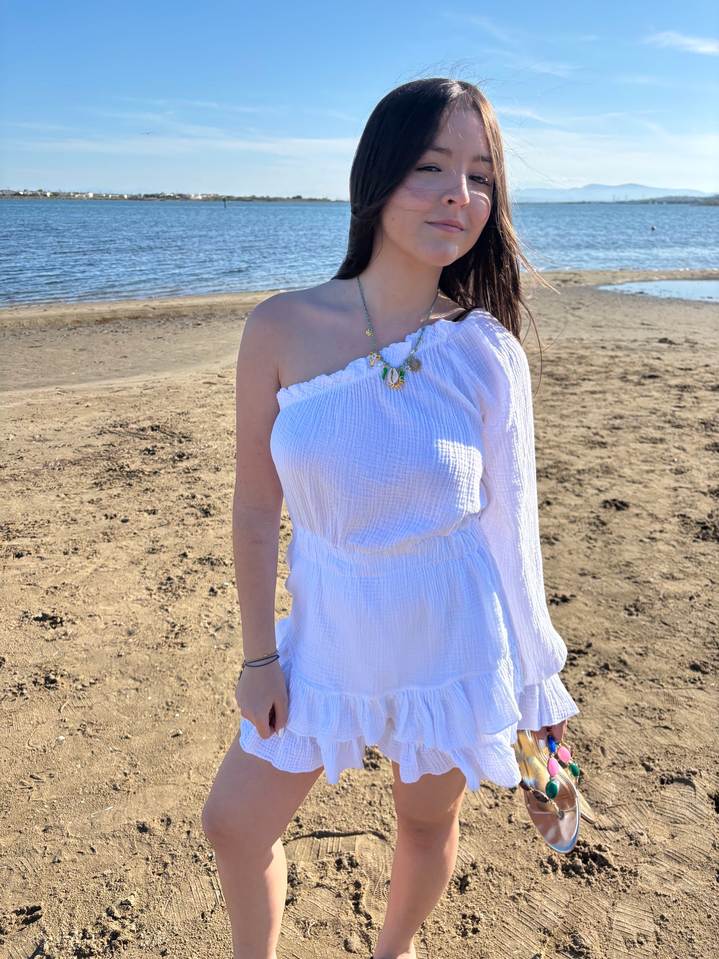 Combishort asymétrique en gaz de coton - blanche
