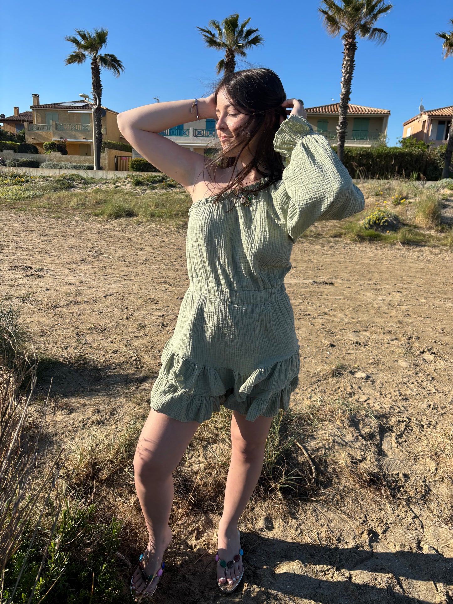 Combishort asymétrique en gaz de coton - kaki