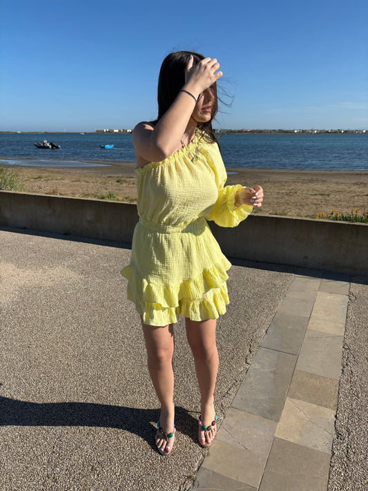 Combishort asymétrique en gaz de coton - jaune