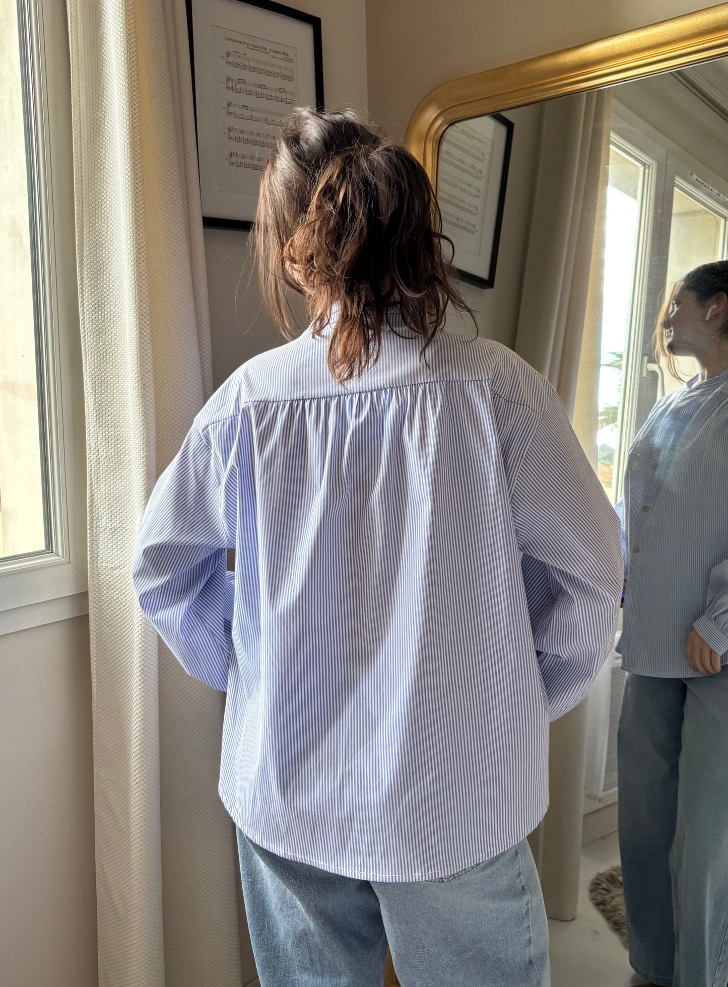 Blouse col rond à rayures - bleue