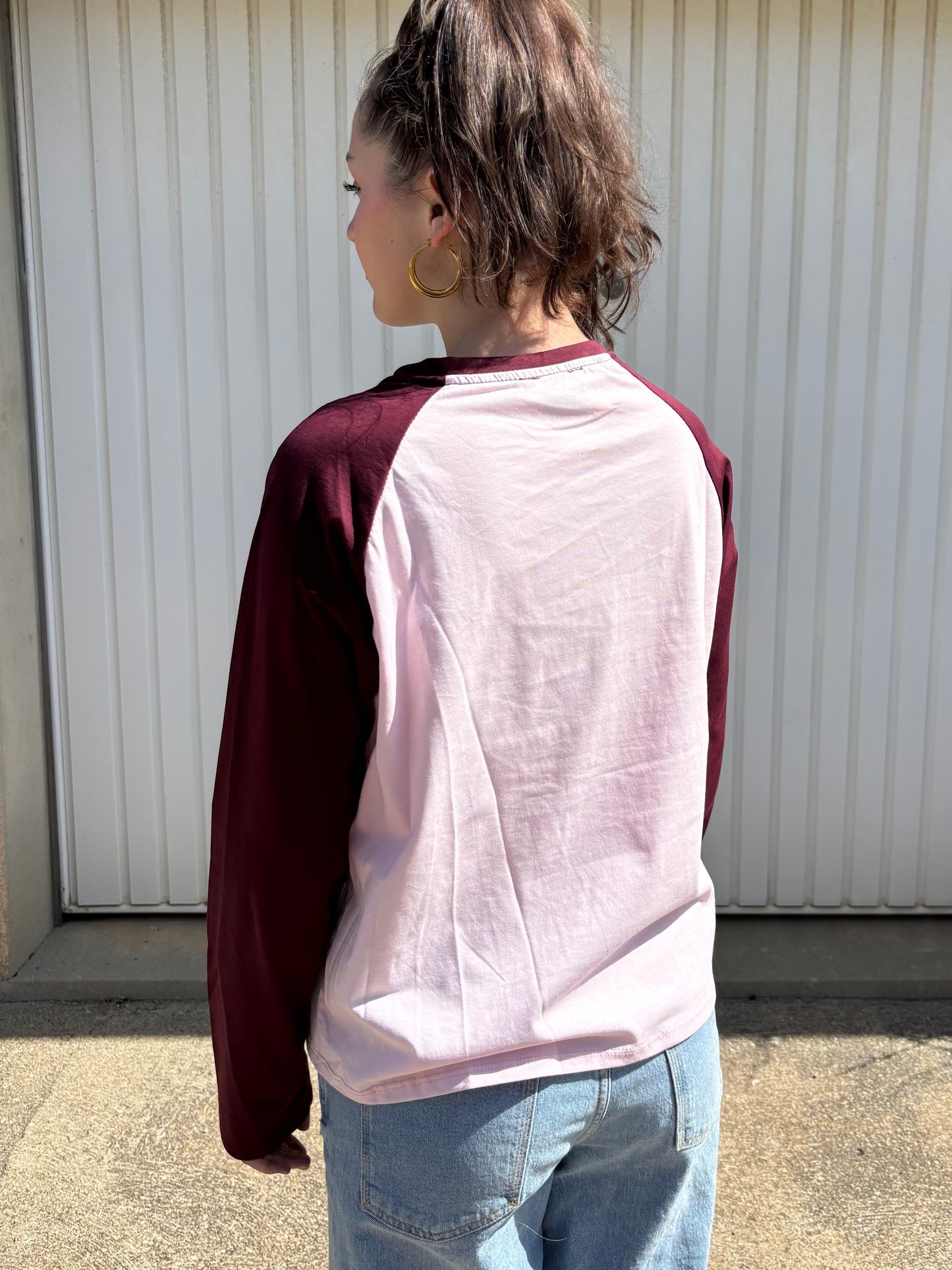 T-shirt manches raglan en coton - Bordeaux et rose