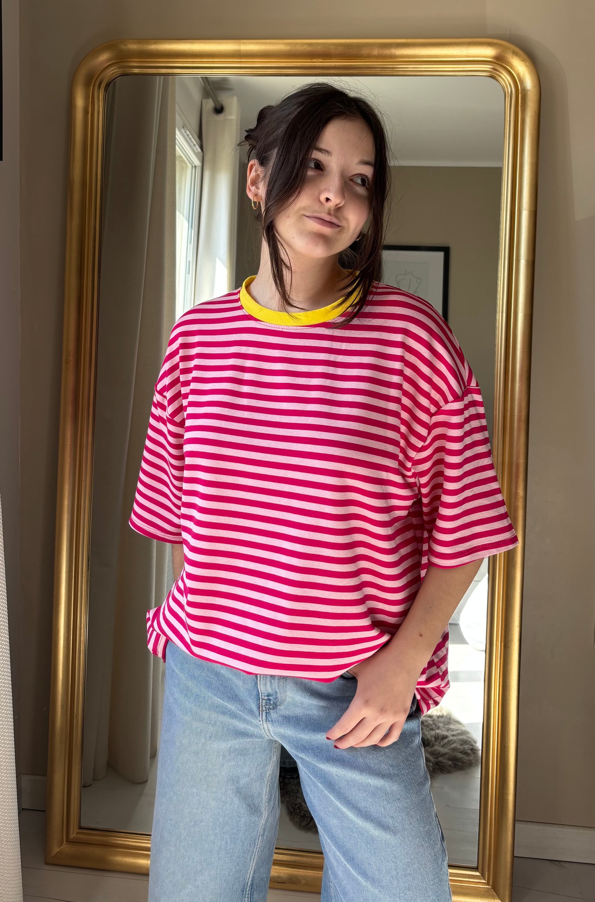 T-shirt marinière col fluo fuchsia - Emylou Boutique