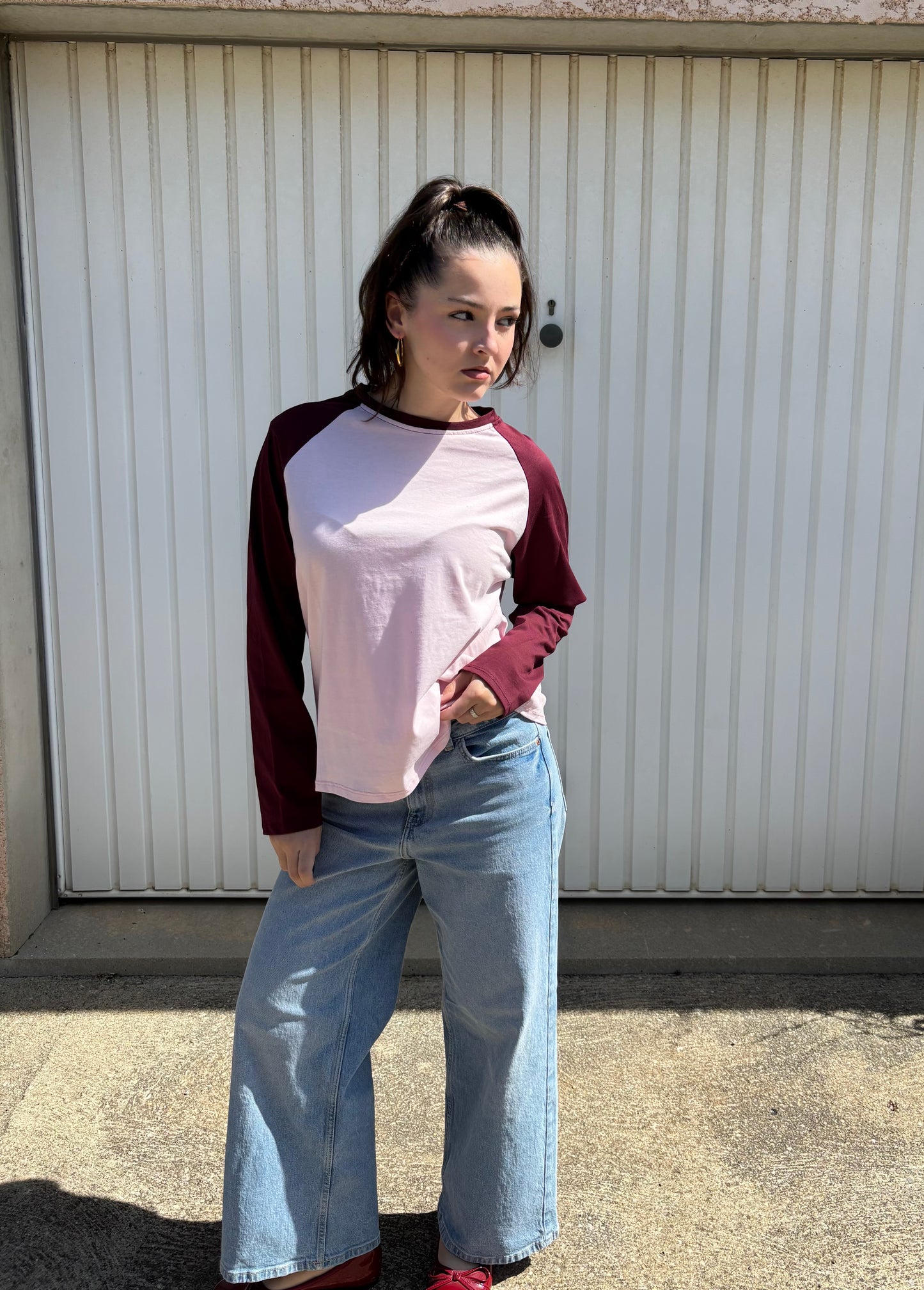 T-shirt manches raglan en coton - Bordeaux et rose