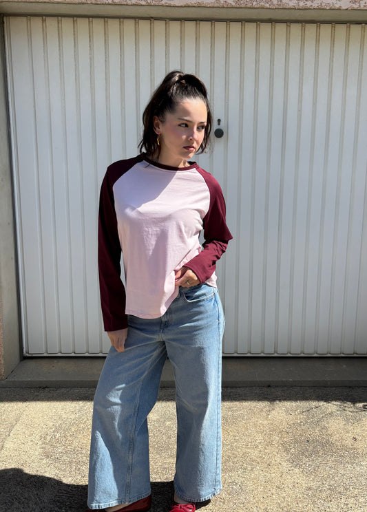 T-shirt manches raglan en coton - Bordeaux et rose