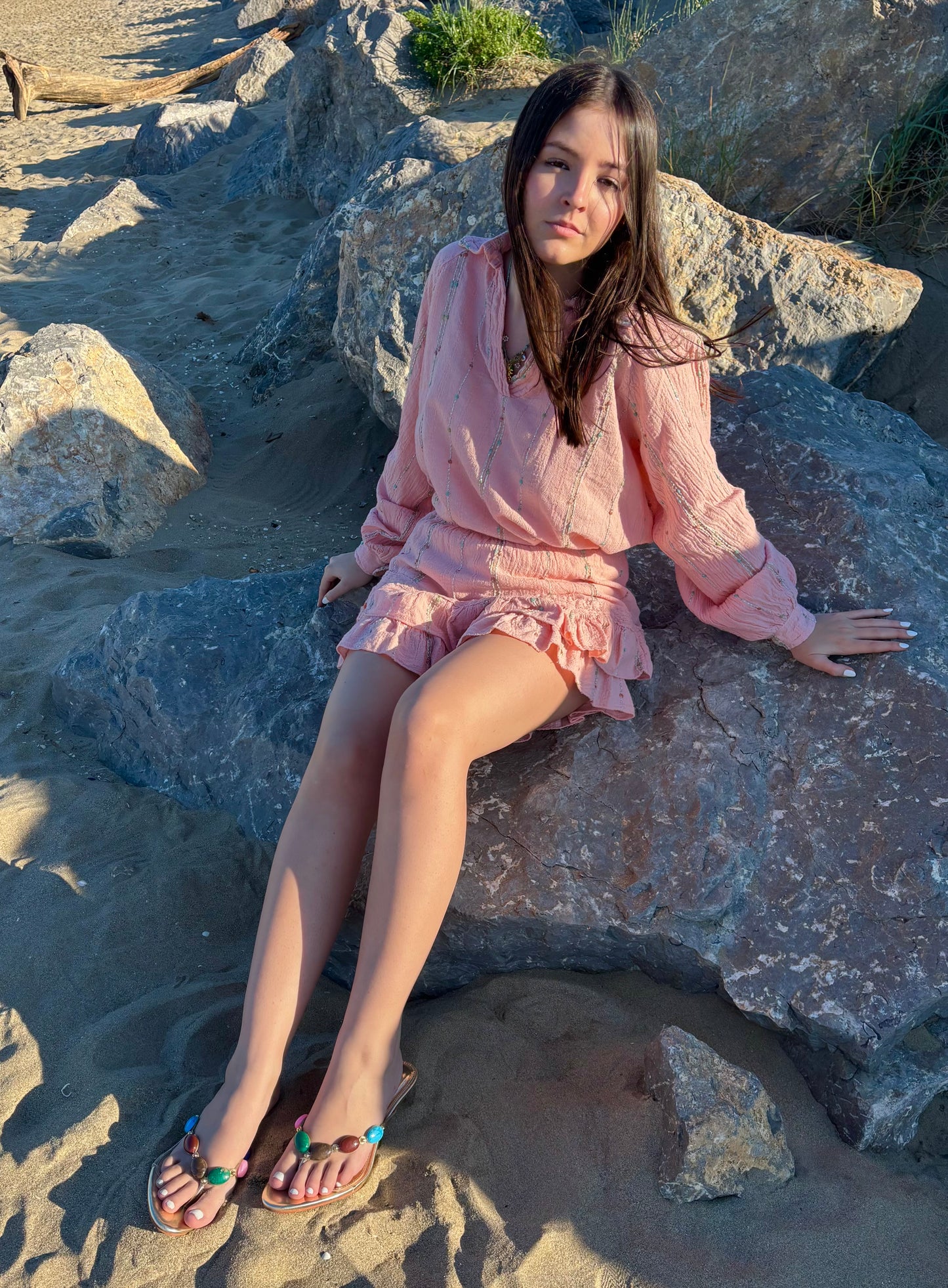 Ensemble avec surpiqûres multicolores - Rose
