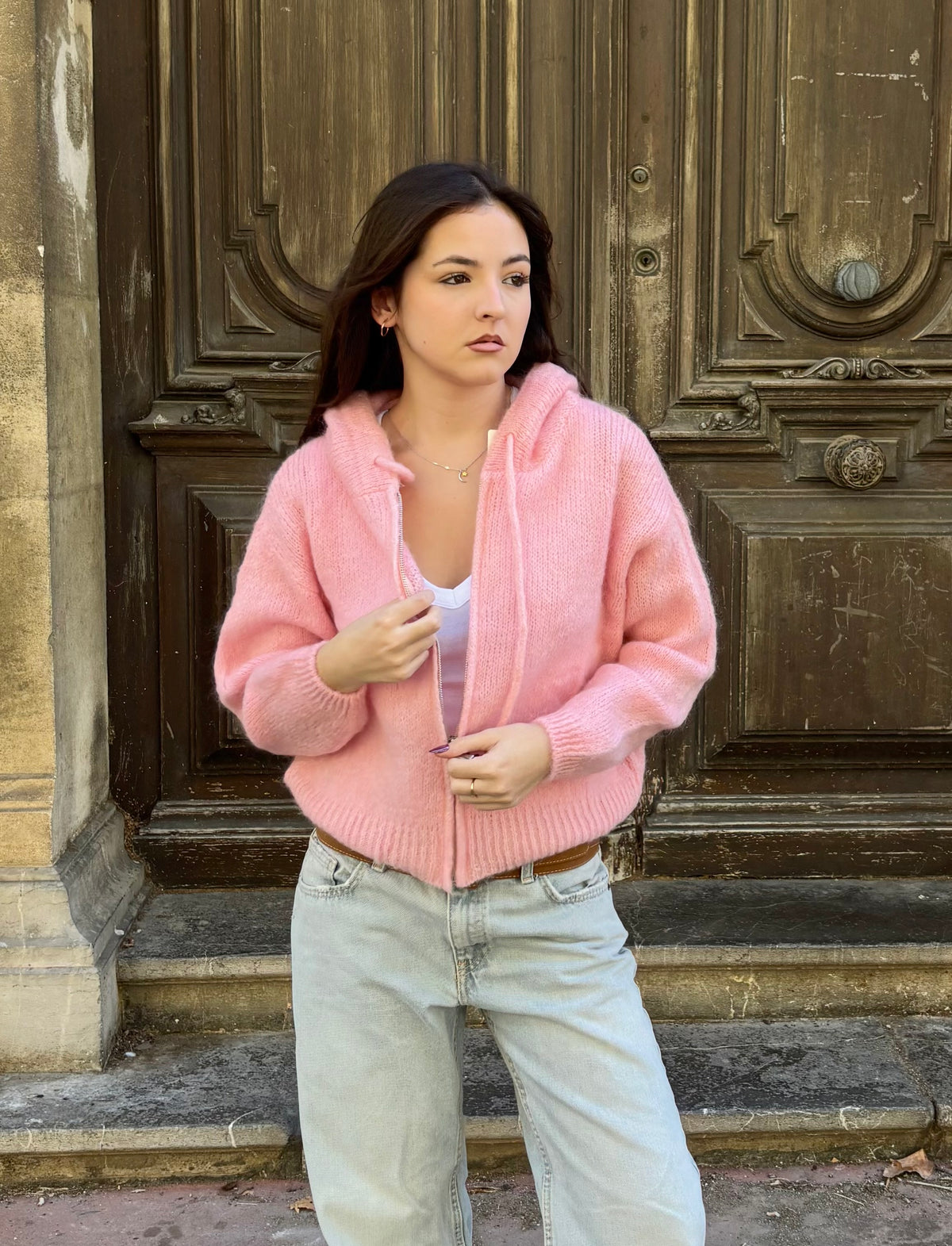 Gilet en mohair et laine mélangé à capuche - rose