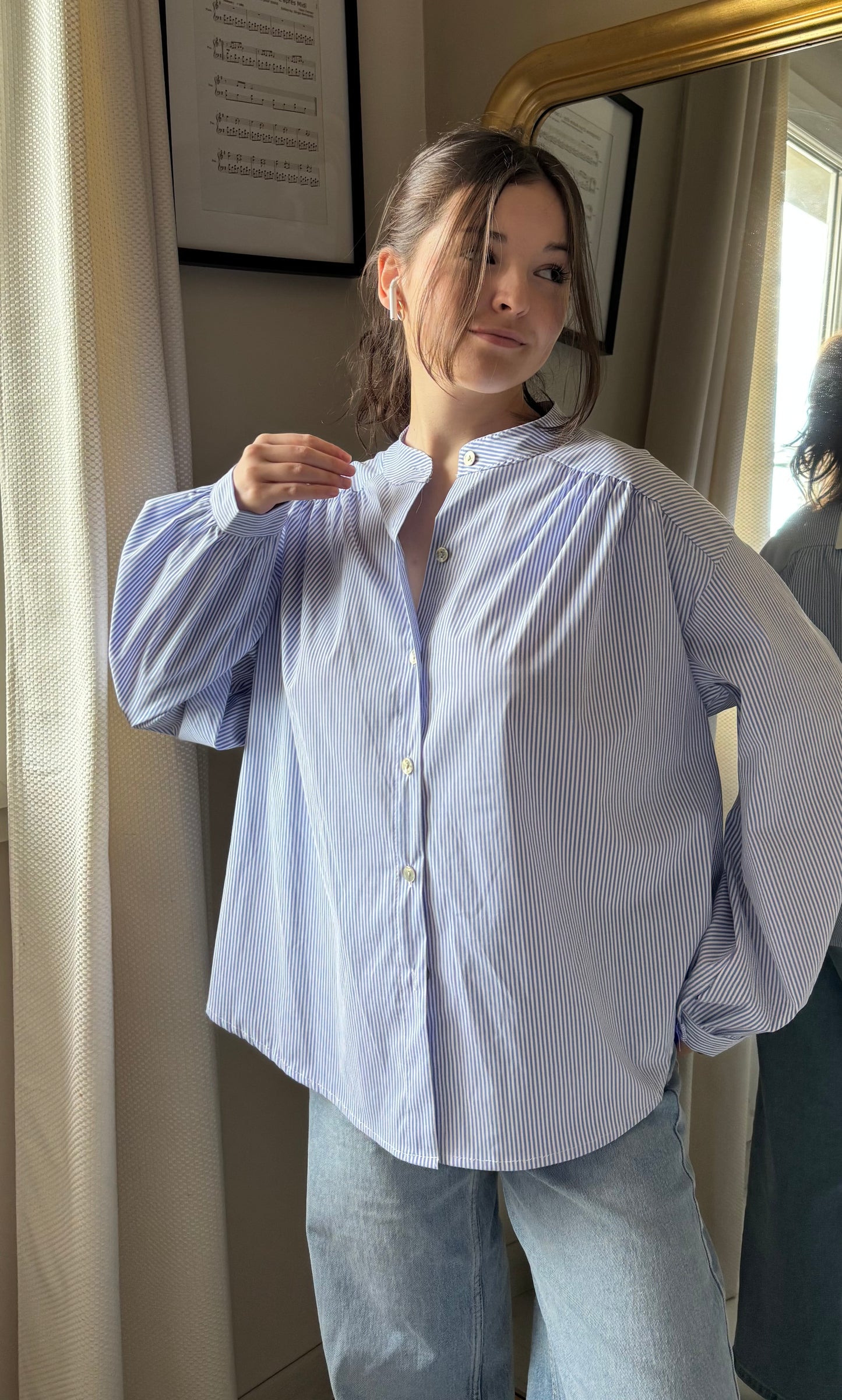 Blouse col rond à rayures - bleue
