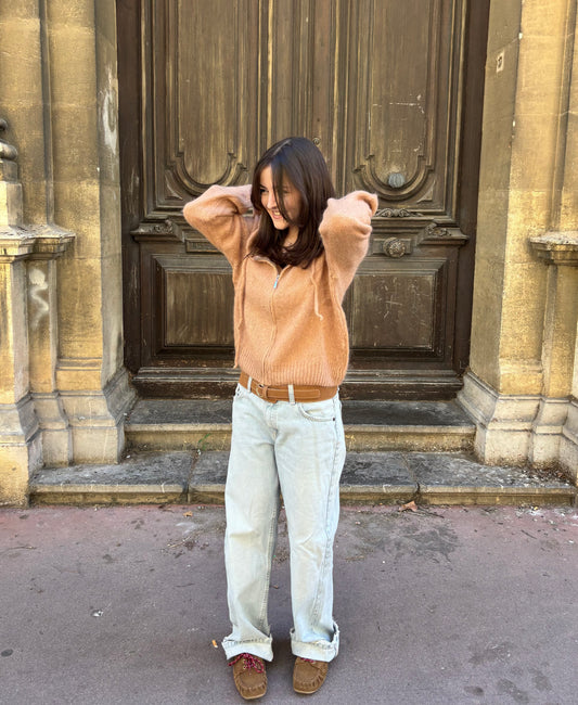 Gilet en mohair et laine mélangé à capuche - camel