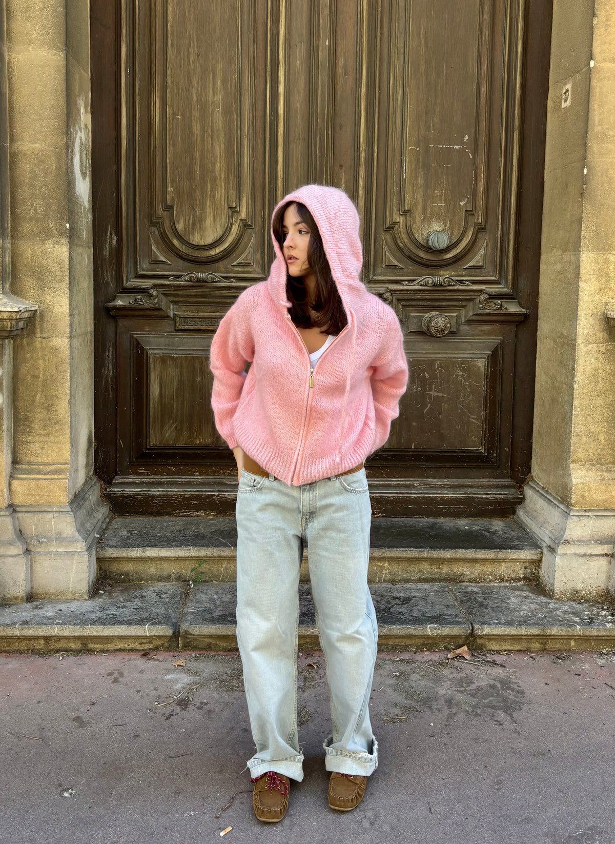 Gilet en mohair et laine mélangé à capuche - rose