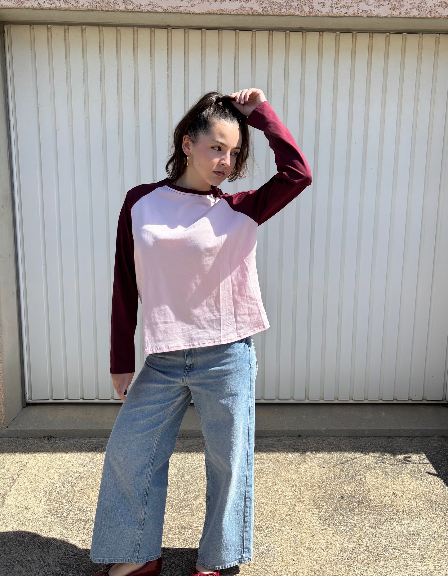 T-shirt manches raglan en coton - Bordeaux et rose