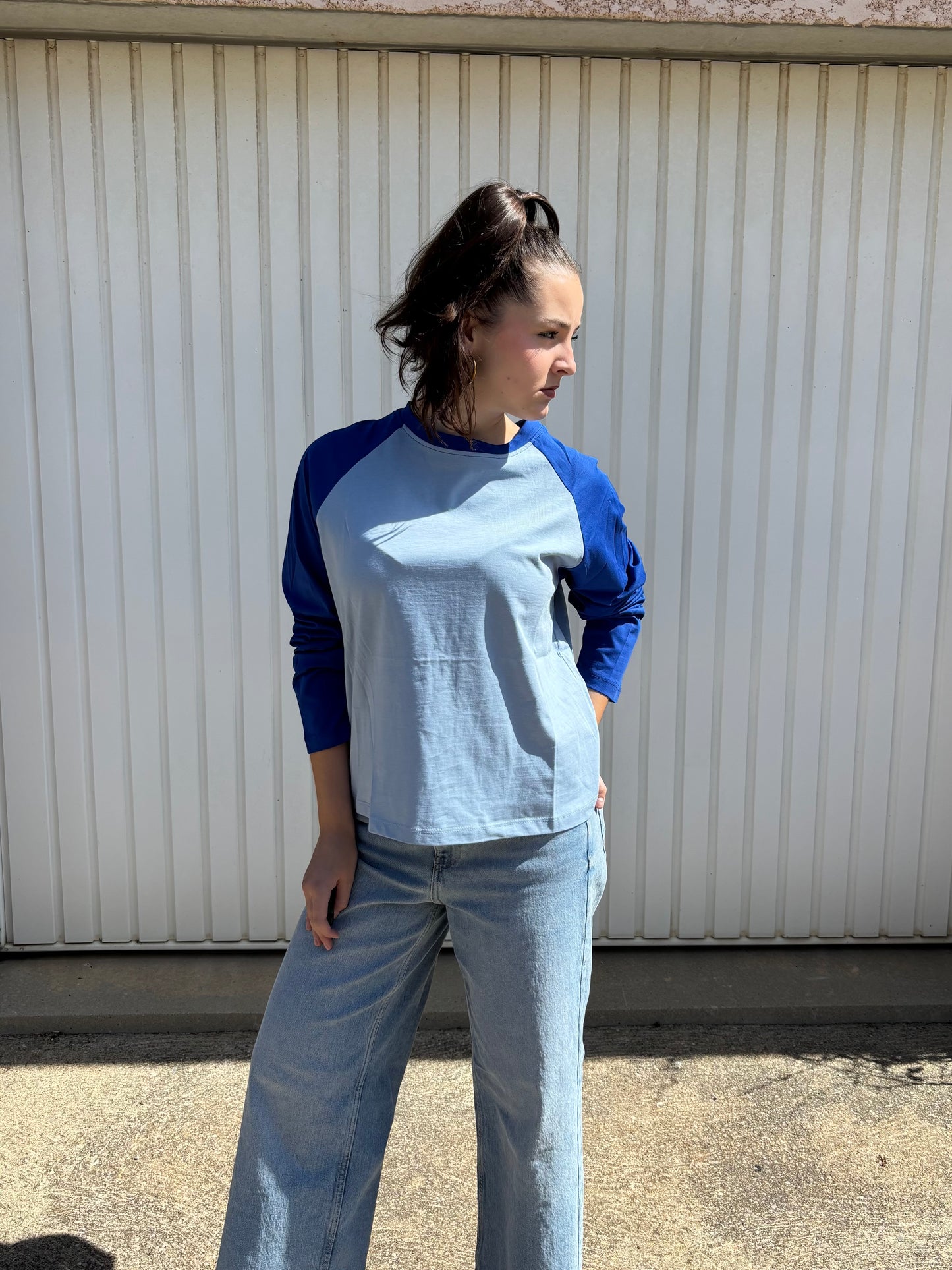 T-shirt manches raglan en coton - Bleu ciel et bleu roi