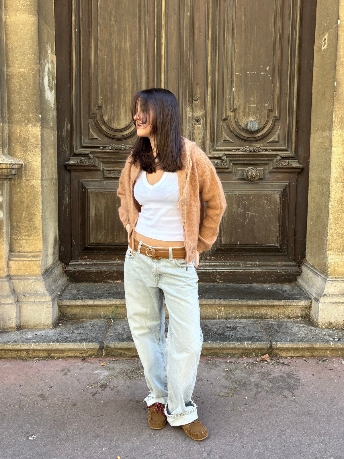 Gilet en mohair et laine mélangé à capuche - camel
