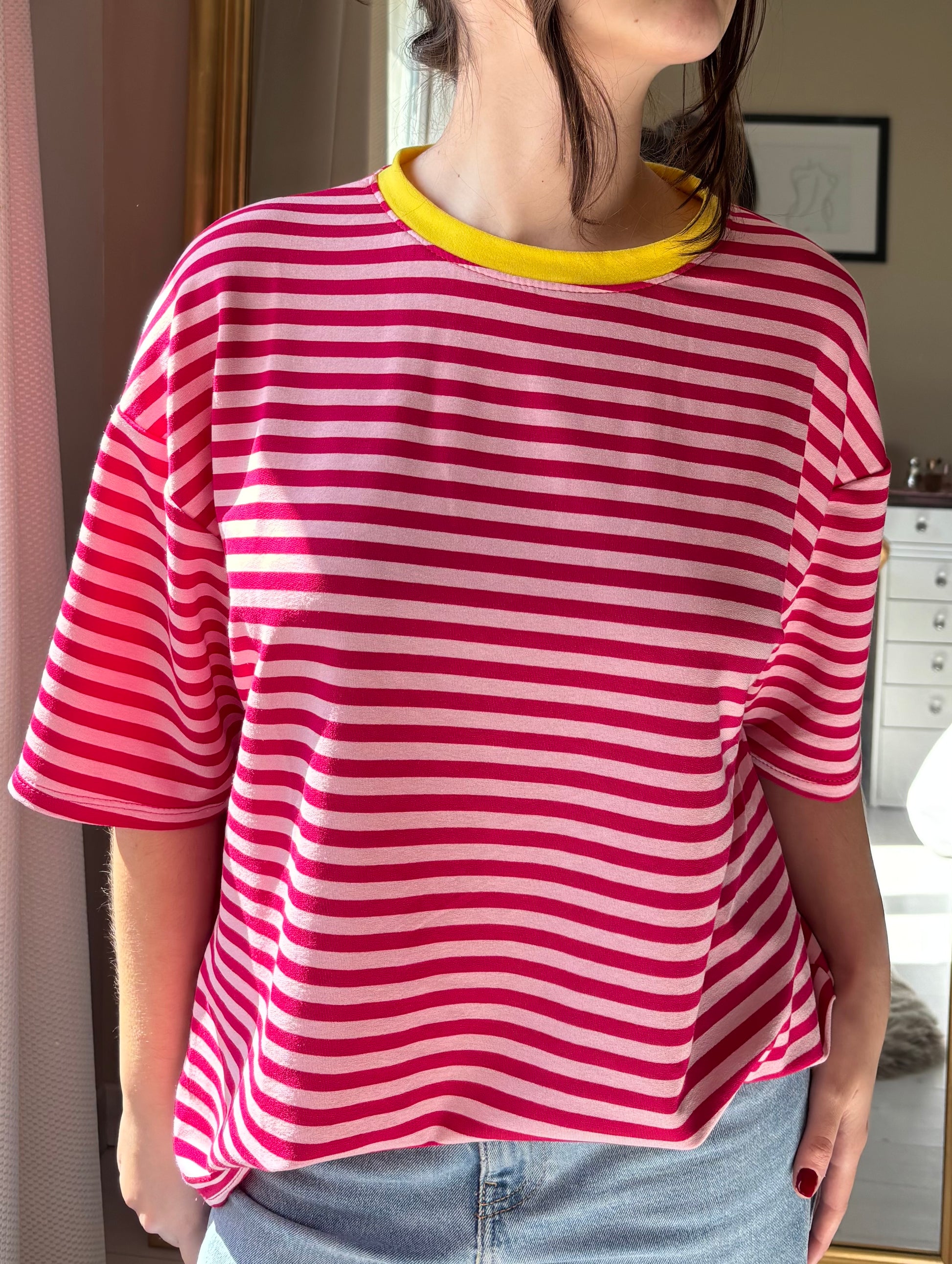 T-shirt marinière col fluo fuchsia - Emylou Boutique