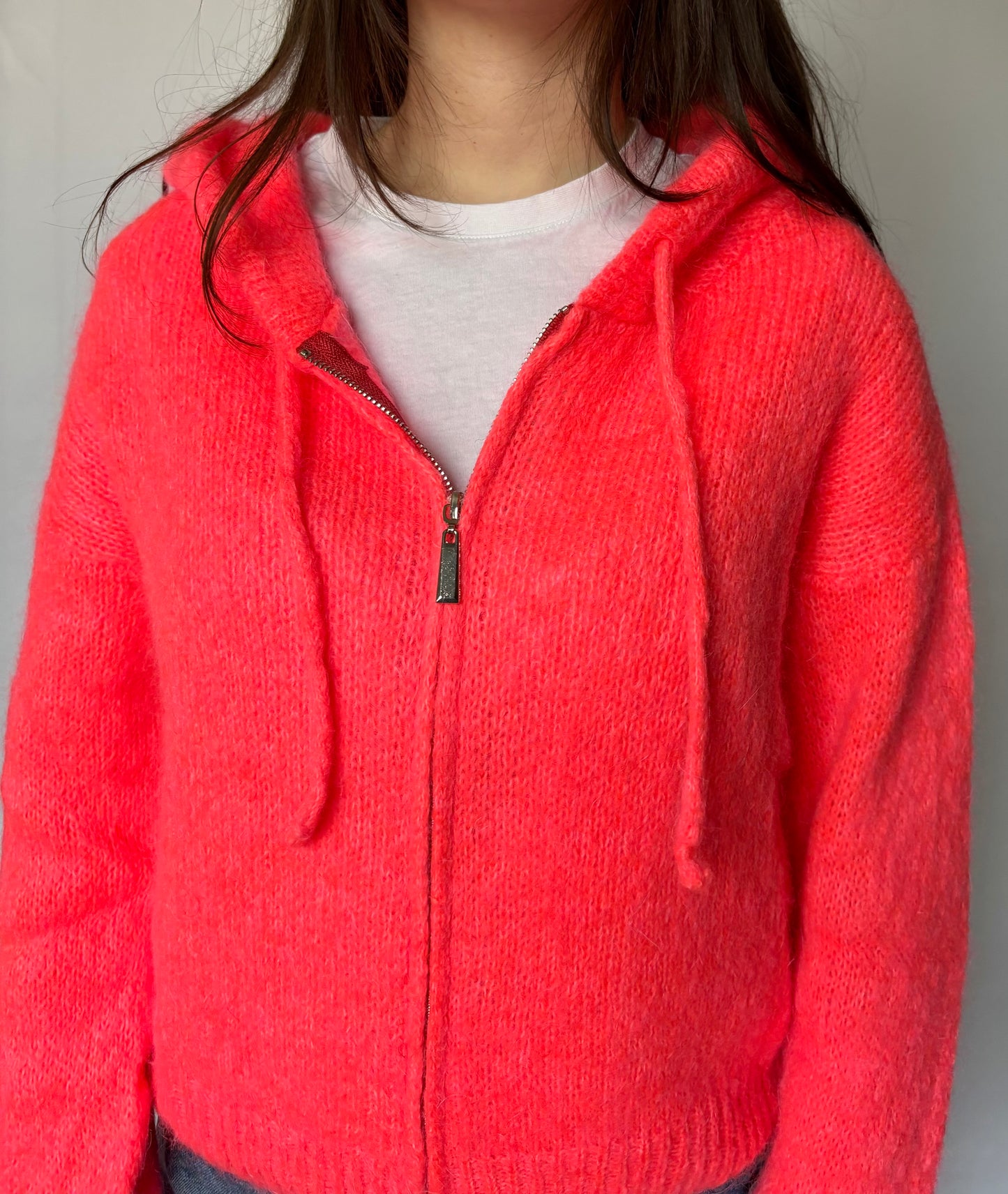 Gilet en mohair et laine mélangé à capuche - corail