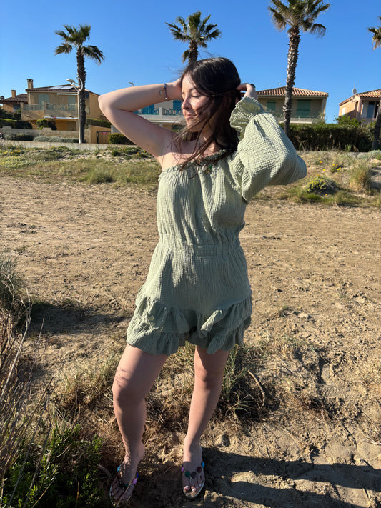 Combishort asymétrique en gaz de coton - kaki