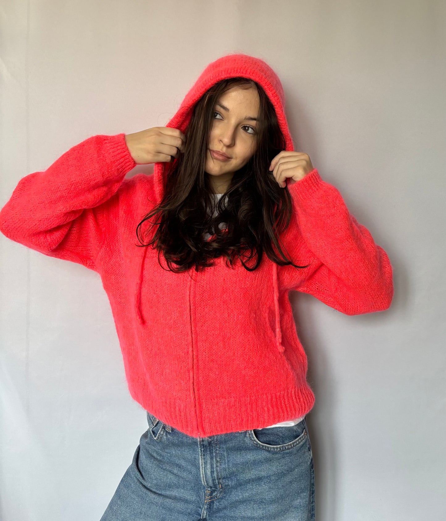 Gilet en mohair et laine mélangé à capuche - corail