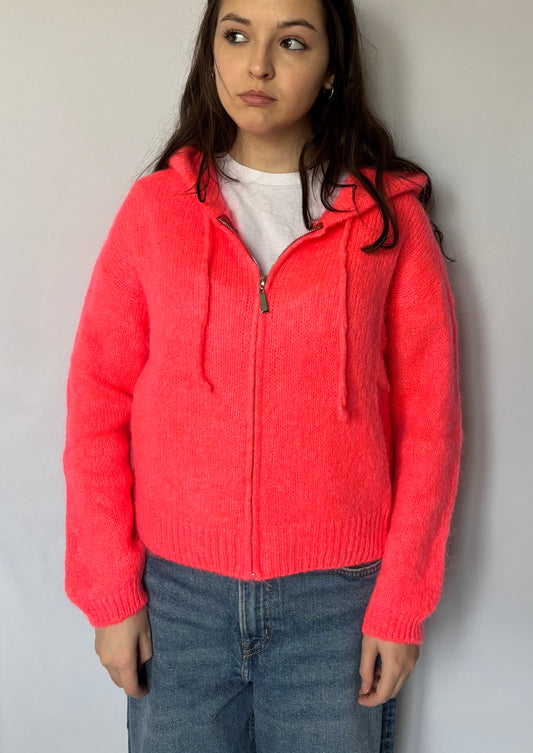 Gilet en mohair et laine mélangé à capuche - corail