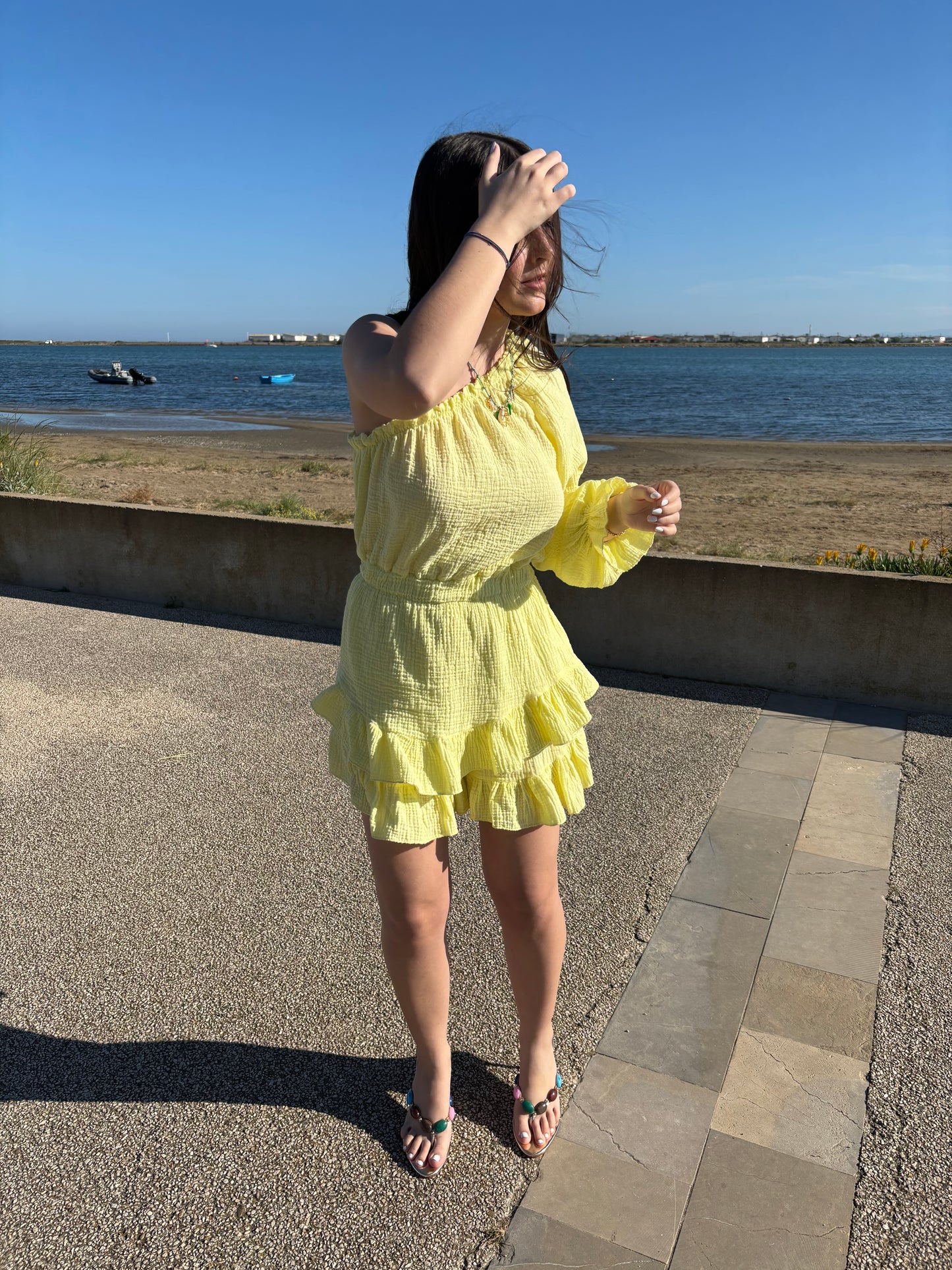 Combishort asymétrique en gaz de coton - jaune